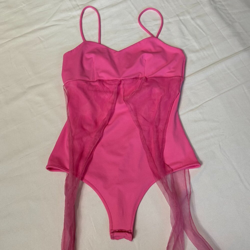 Pink Lily Hot Pink Mesh Overlay Bodysuit | Sweetheart Neckline | Size M